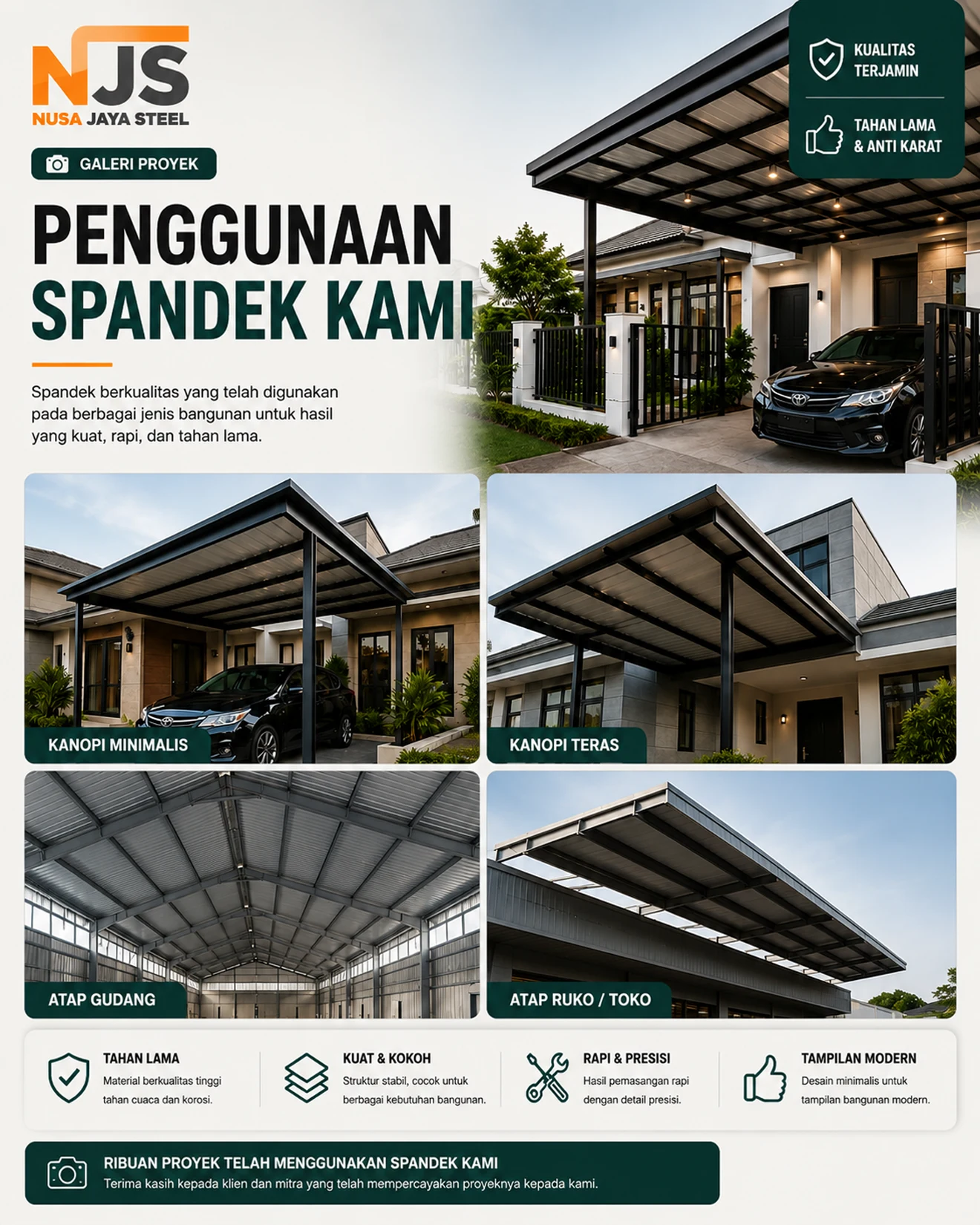 Galeri penggunaan spandek untuk rumah, gudang, dan kanopi
